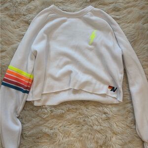 White aviator nation neon stripe cropped sweatshirt